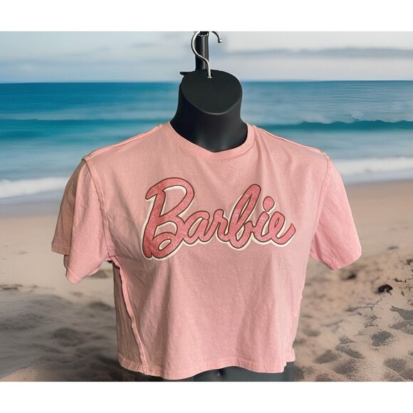 Mattel Barbie Short Sleeve Pink Sparkle  Crop Shirt Womens M Authentic Barbie - Picture 7 of 7